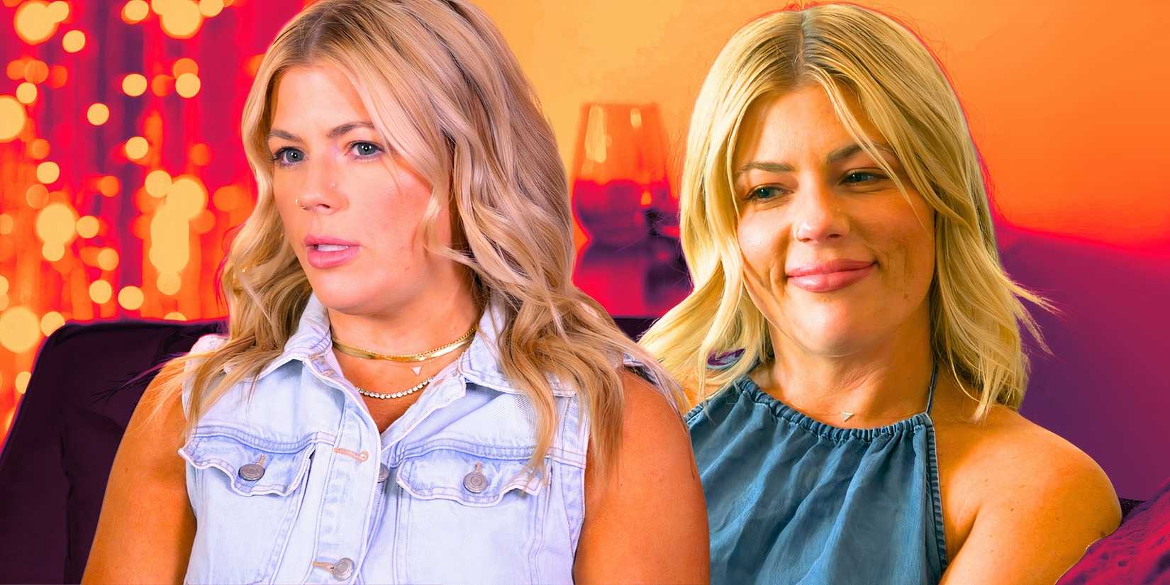 married at first sight star michaelle tomblin in montage looking happy and sad in two poses with orange background