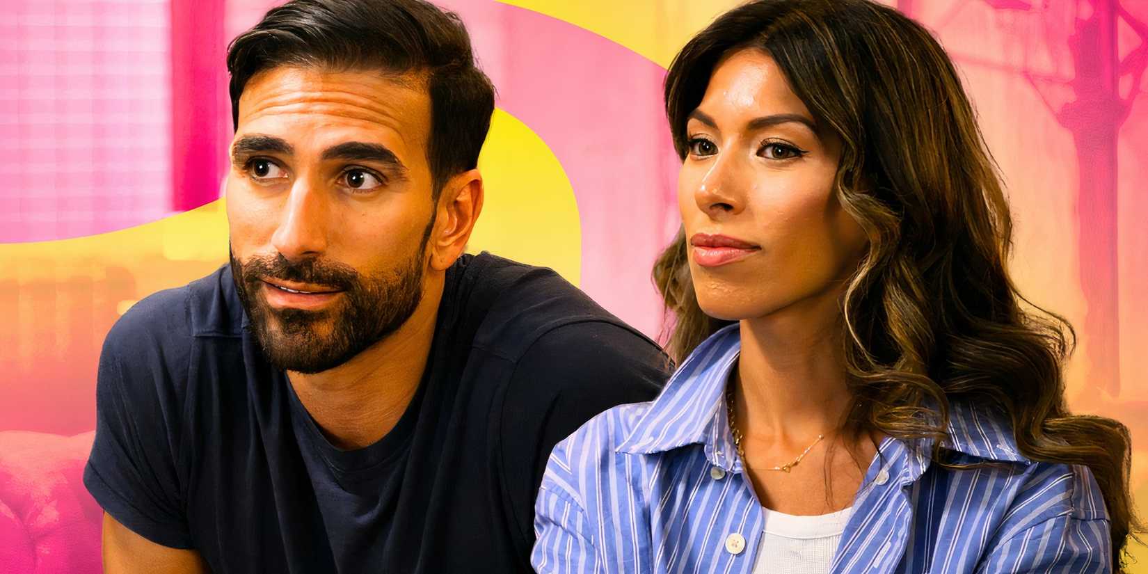 Married At First Sight stars Juan Franco and Karla Juarez in montage with both look pensive and watercolor background