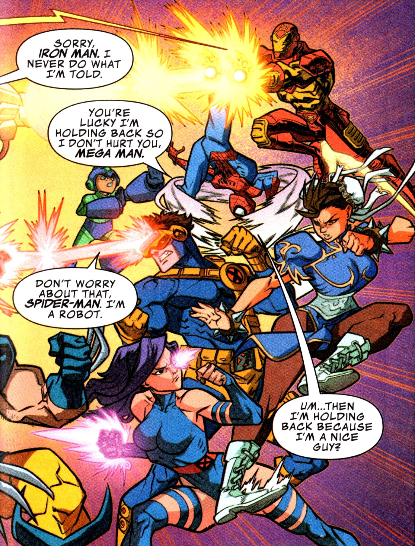 Marvel vs Capcom Chun Li fights Psylocke and Mega Man fights Spider-man