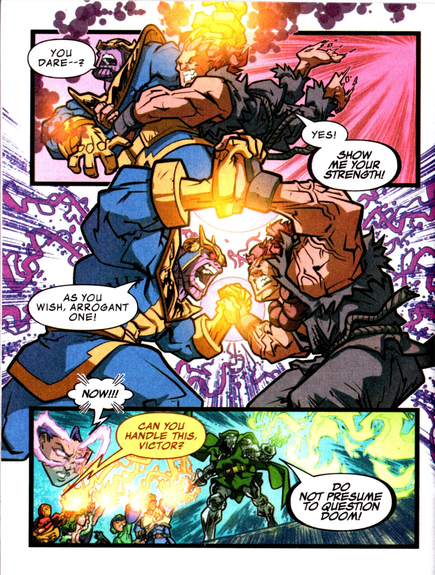 Página de quadrinhos: Marvel vs Capcom Thanos luta contra Akuma enquanto Doom invoca um portal