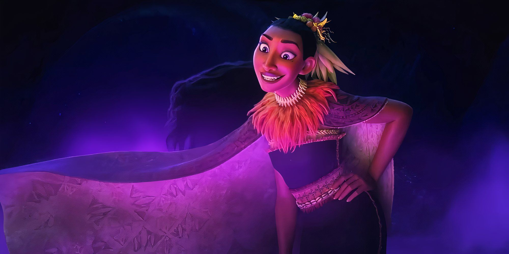 A atriz Awhimai Fraser como Matangi em Moana 2. 