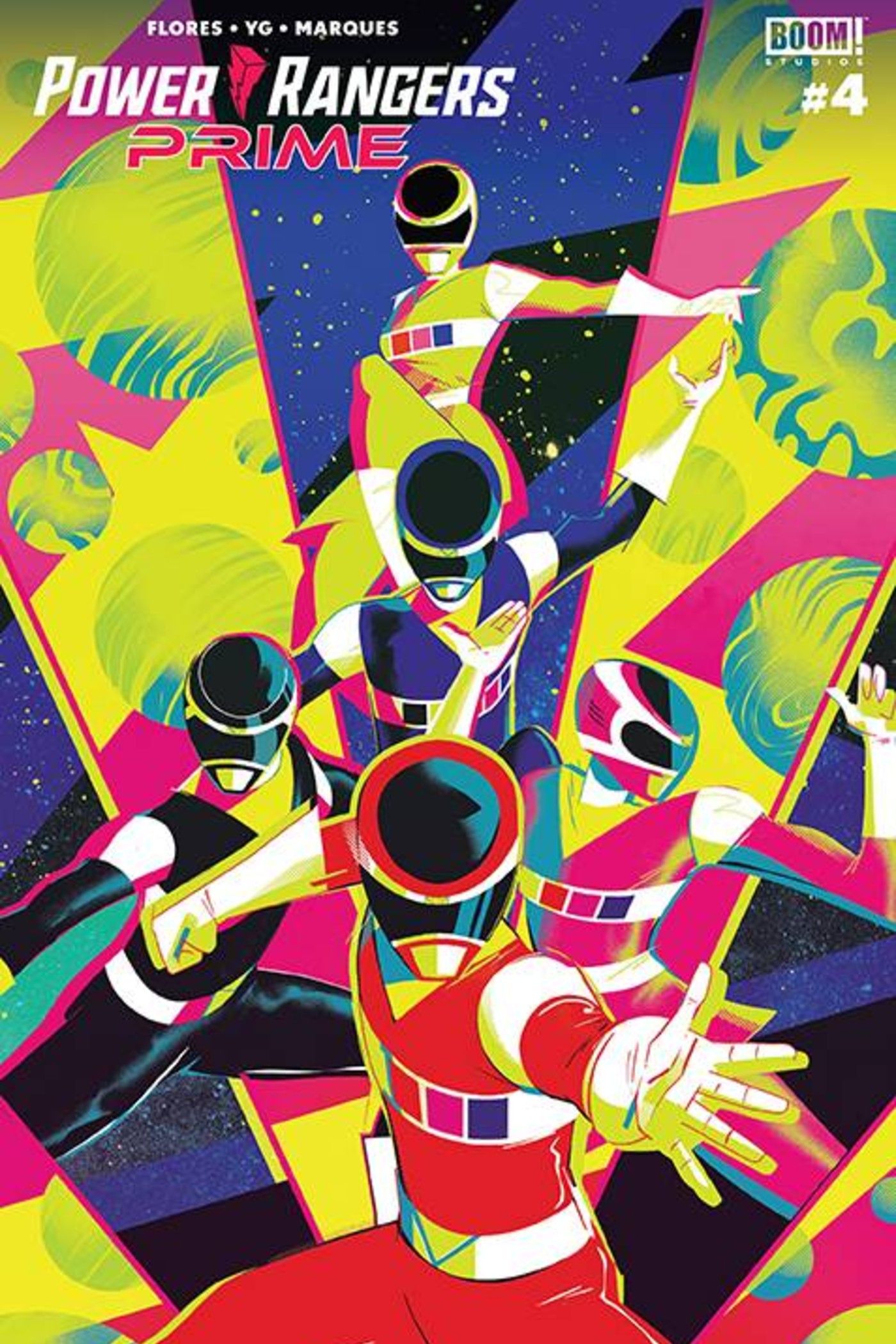 Comic book cover: Power Rangers pose together in neon colors.