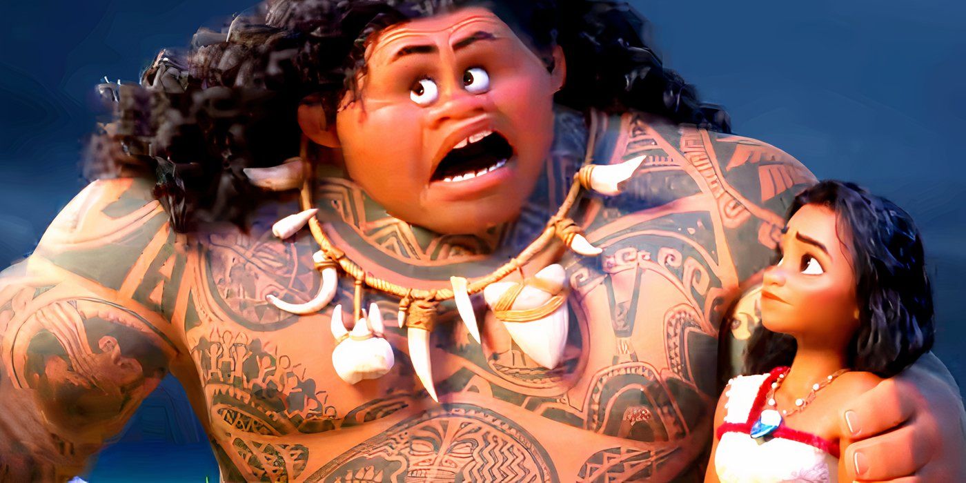 Maui with his arm around Moana's shoulder in Moana 2