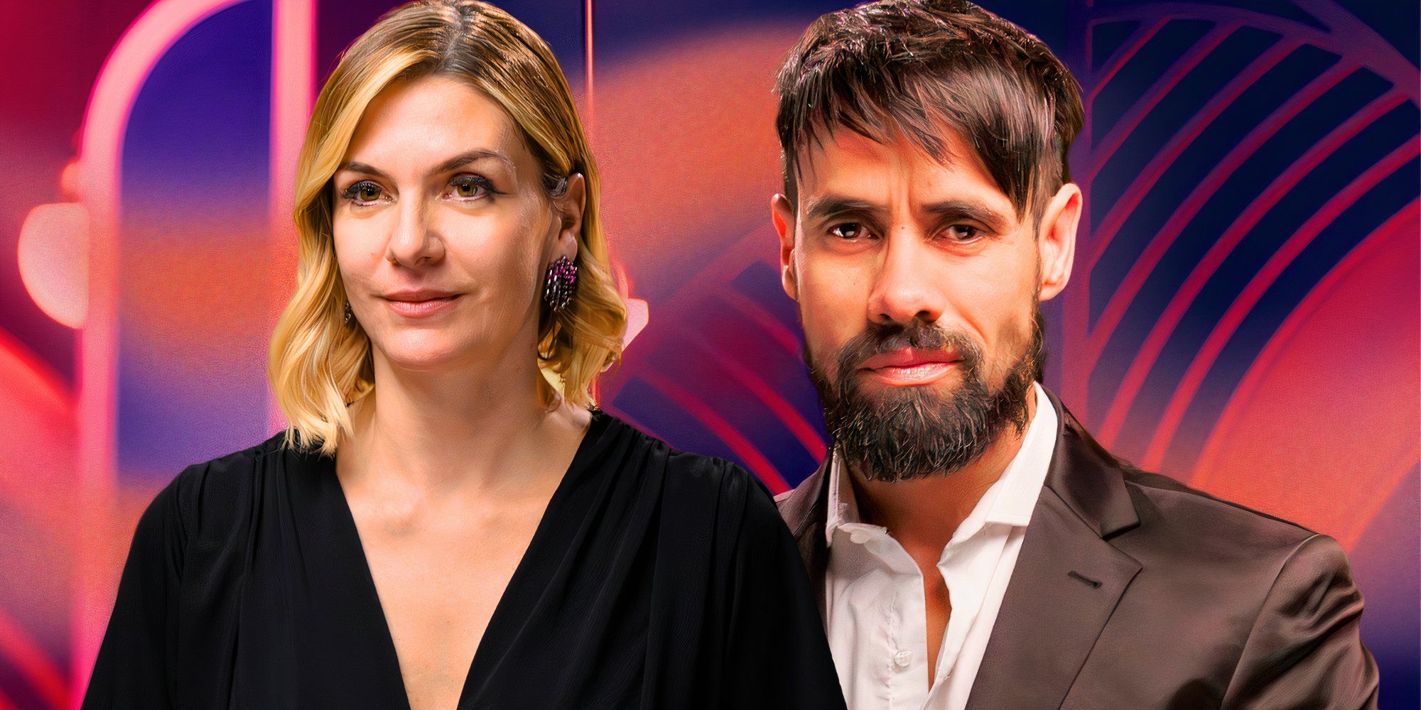 Mauricio and Maria Emilia from Love Is Blind Argentina in montage with her smiling and him sad and red and blue background