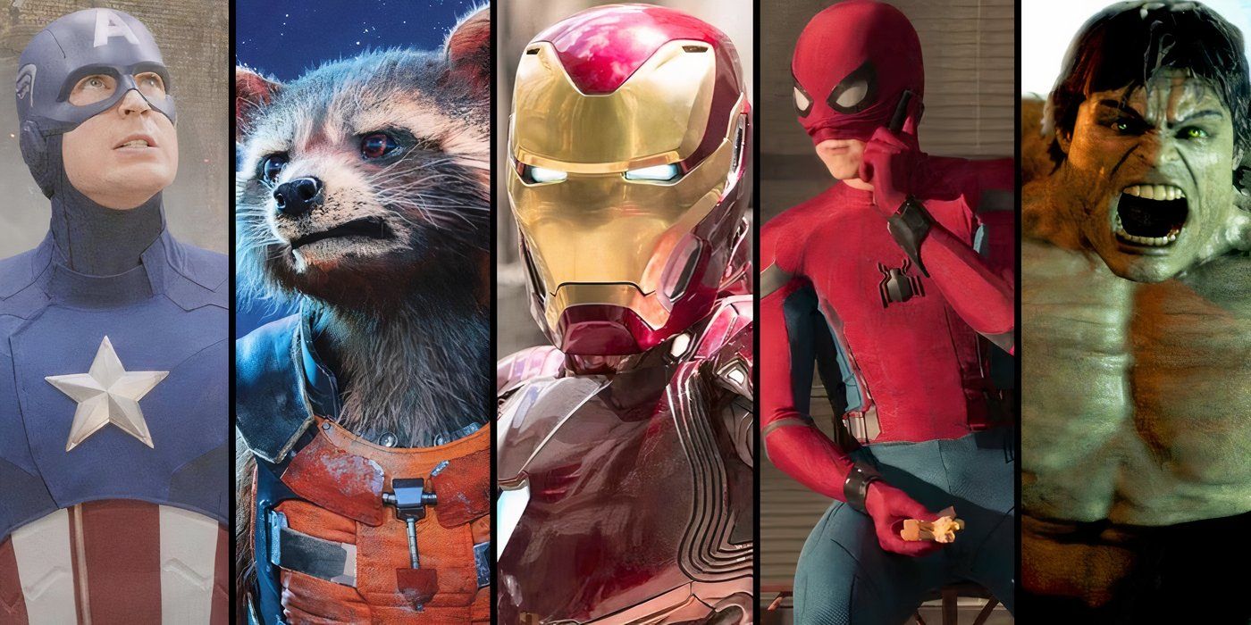 Split image of Captain America, Rocket, Iron Man, Spider-Man and Hulk from the MCU.