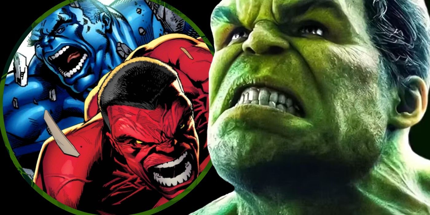 mcu green hulk with comic red hulk and comic blue hulk