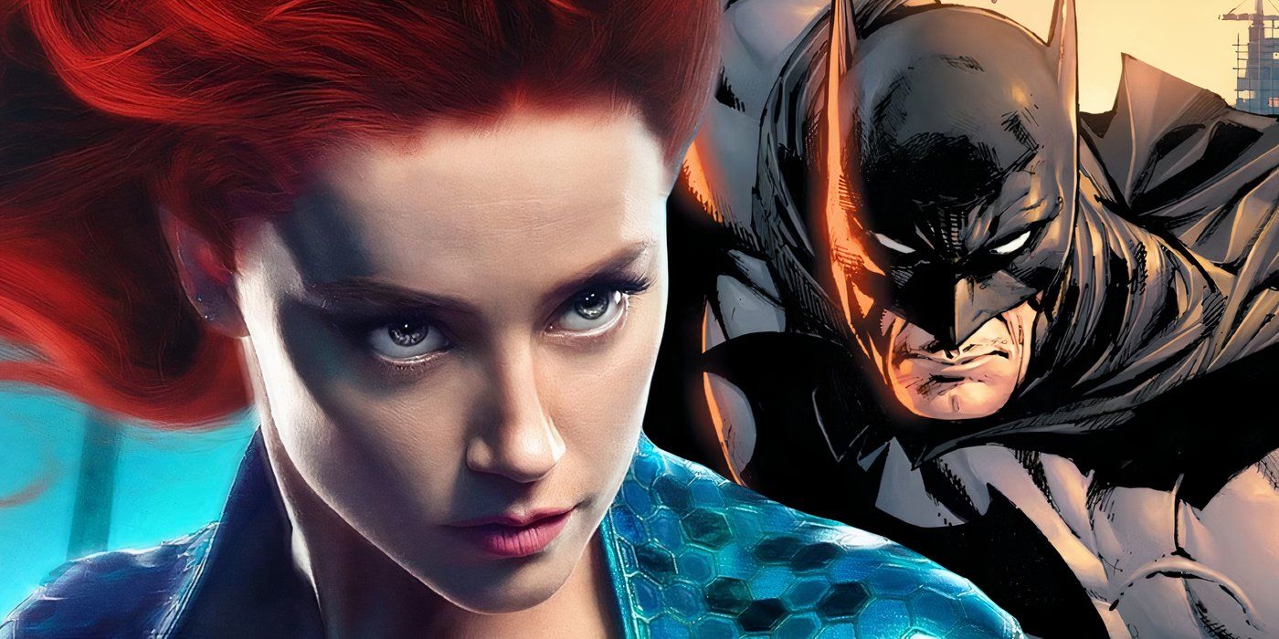 Amber Heard as Mera with comic art of Batman in the background
