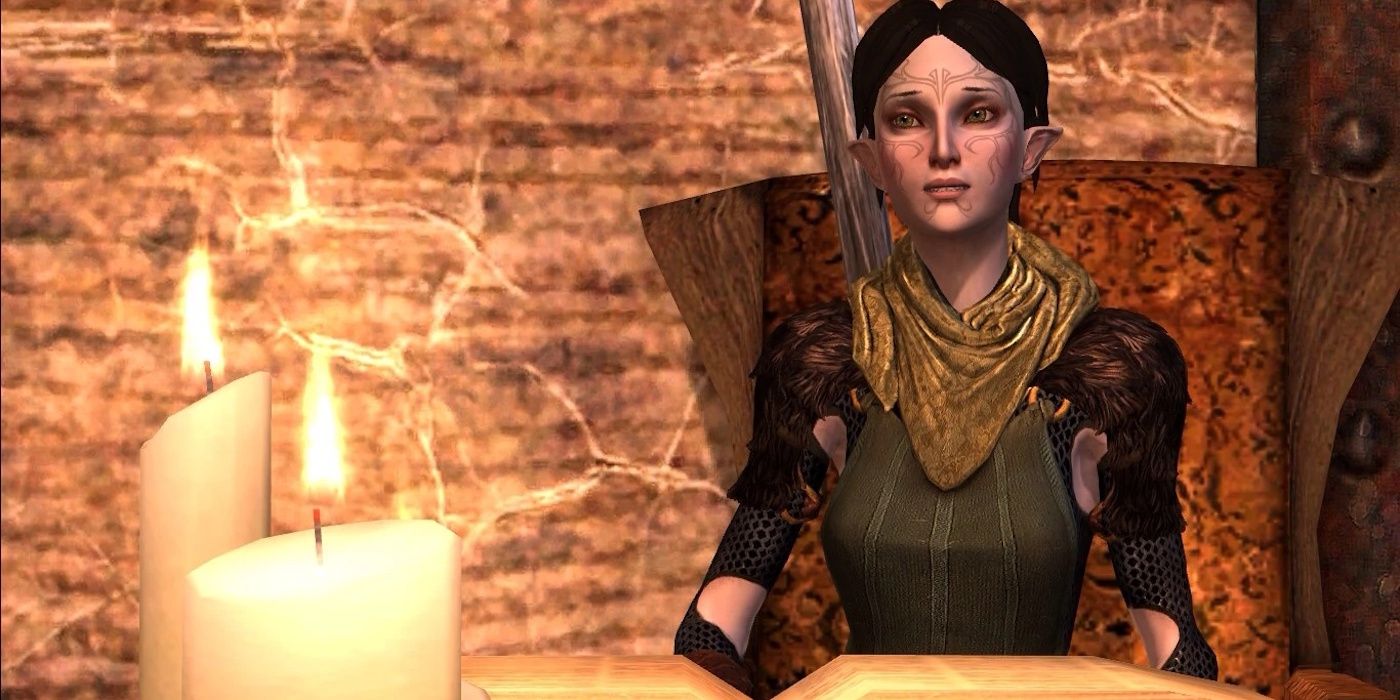 Merrill sat reading in her home in Dragon Age 2.