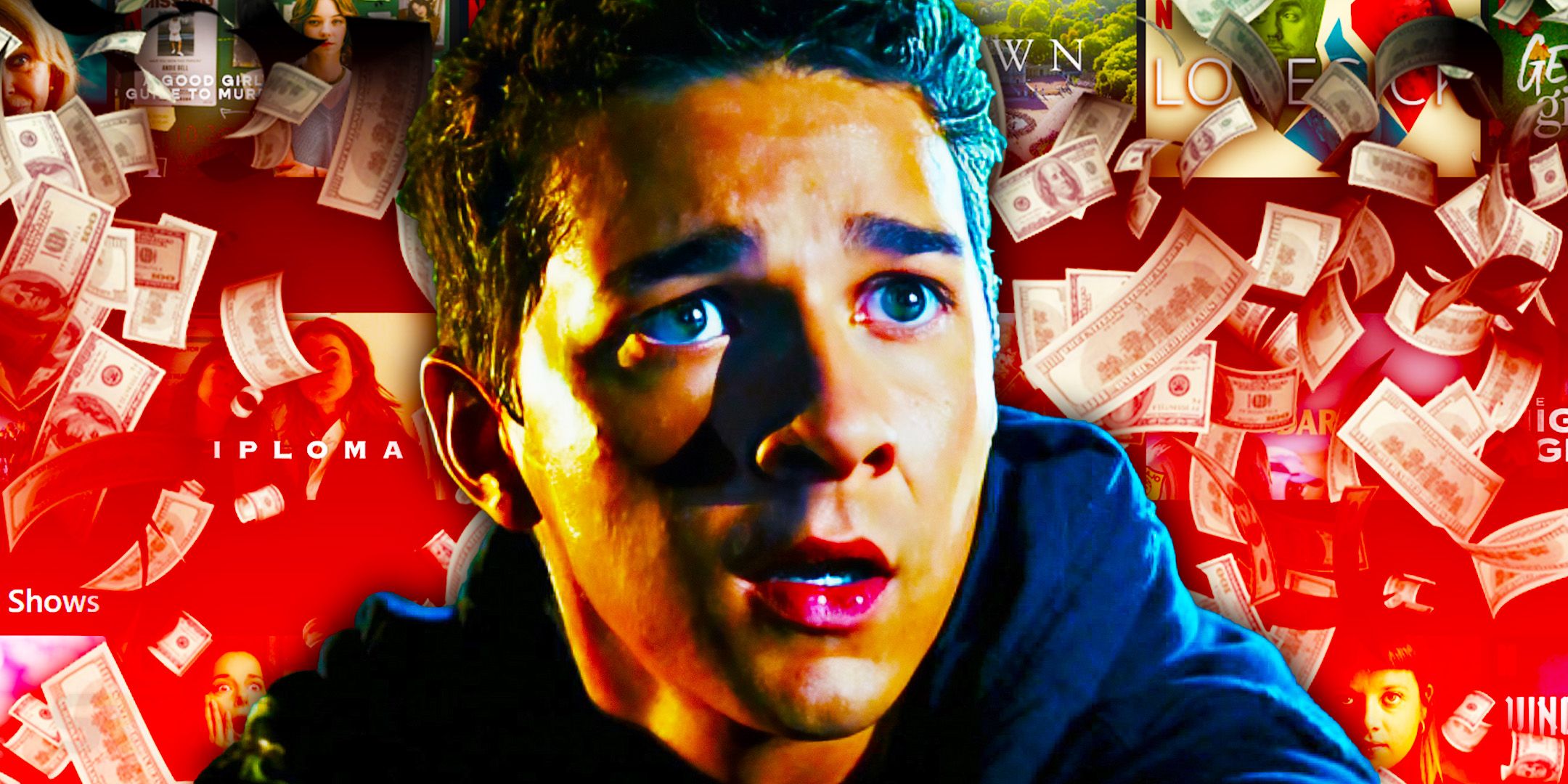 Sam Witwicky (Shia LaBeouf) looking panicked while dollar bills fall around him against a background with Netflix streaming titles