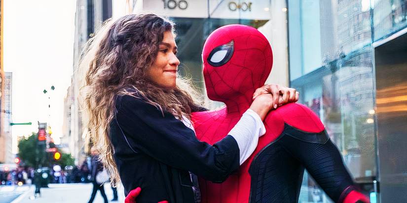 MJ holding onto Spider-Man in Spider-Man Far From Home