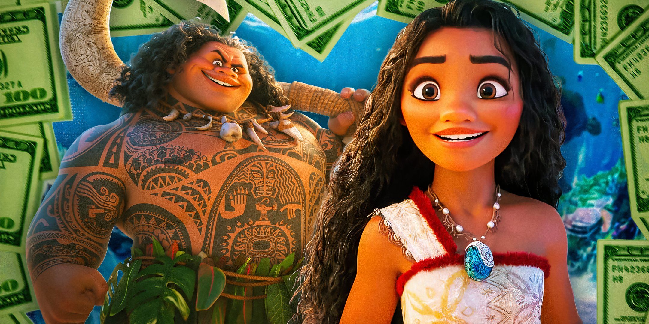 Moana and Maui in Moana 2 with money around them