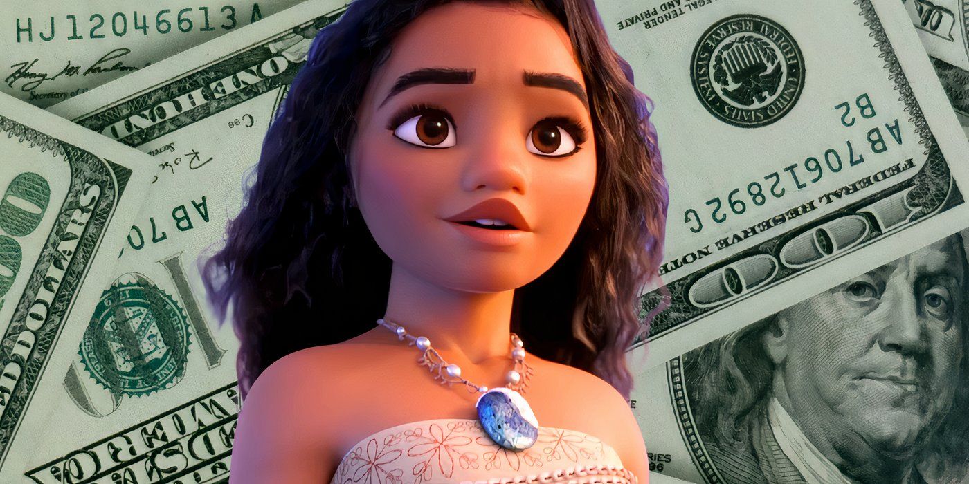 Moana from Moana 2 standing in front of money