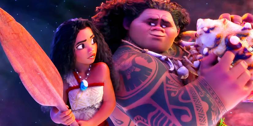 Moana holding an oar back to back with Maui holding a monster in Moana 2