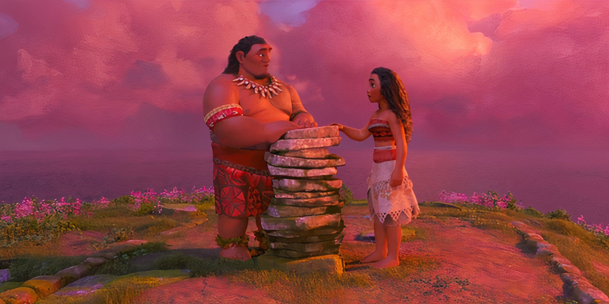 Moana and her dad in the Motunui Chief stones.