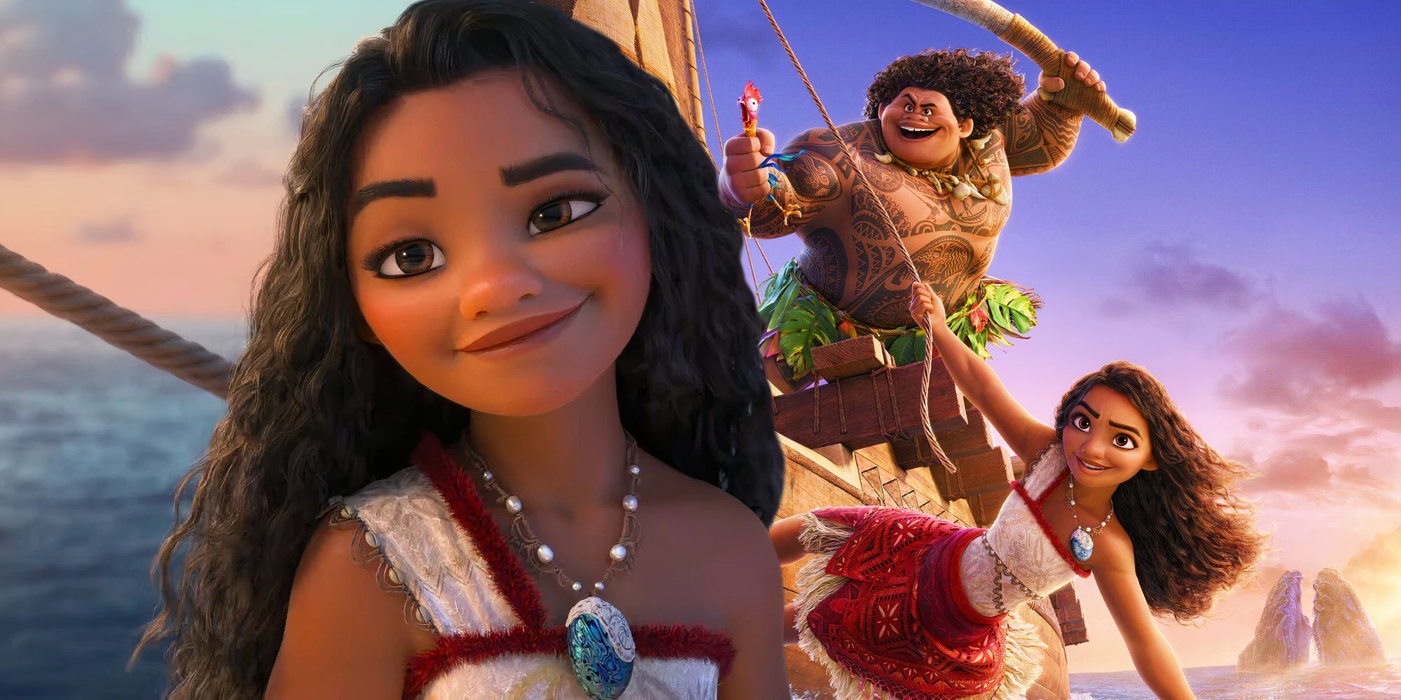 Moana smiling on her boat next to the poster for Moana 2 (2024)