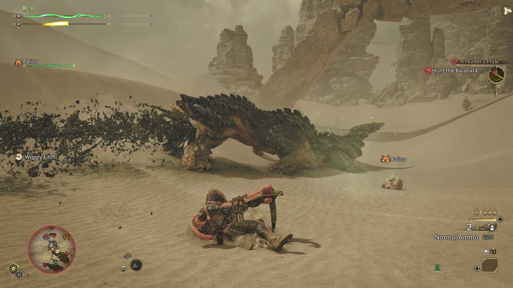 Monster Hunter Wilds Balahara fight, showing the player sliding on sand as the rocky snakelike creature fires mud out of its mouth.