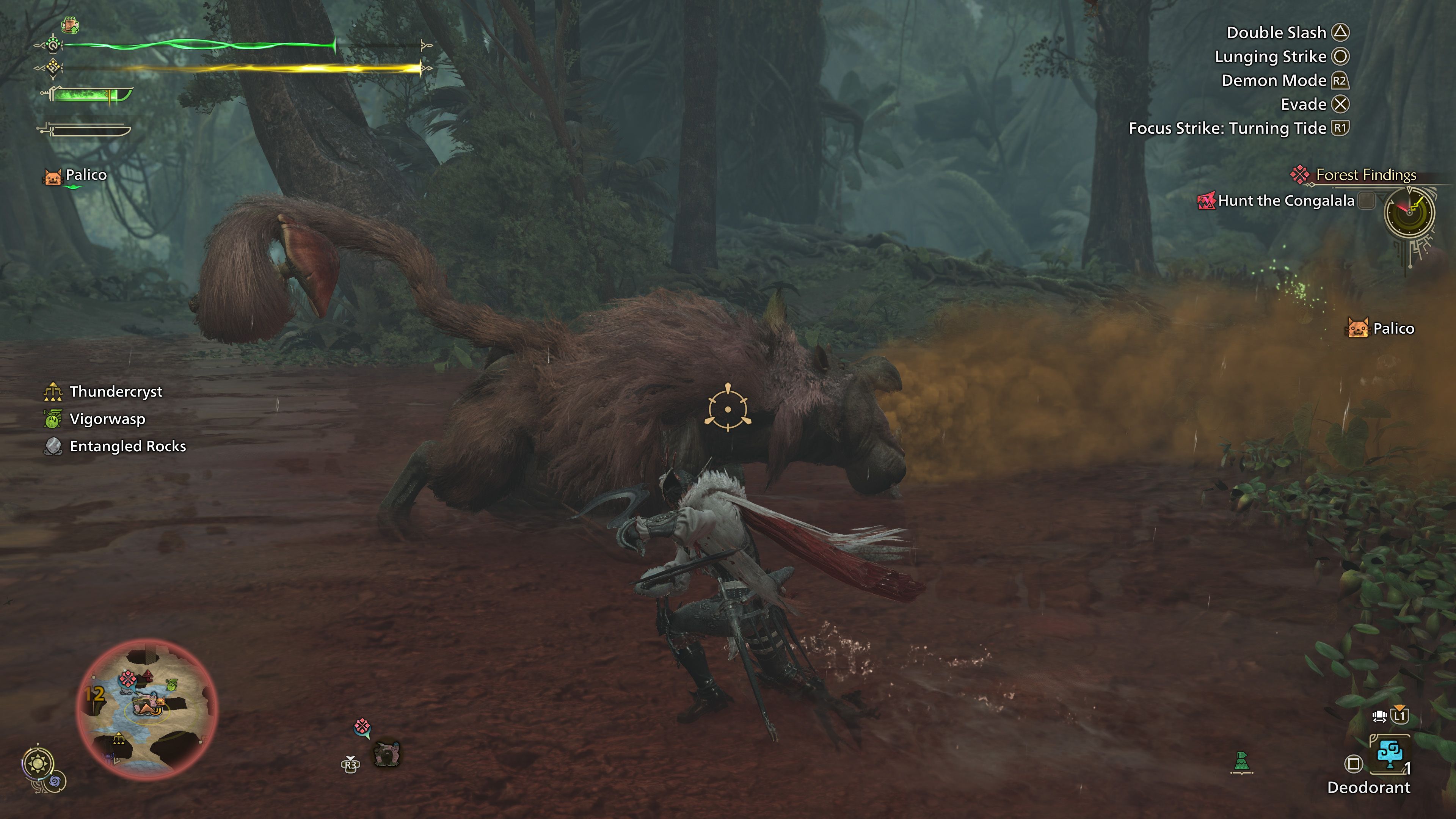 Monster Hunter Wilds Congalala fight showing the player attacking the hippo-monkey hybrid monster with a clublike weapon.