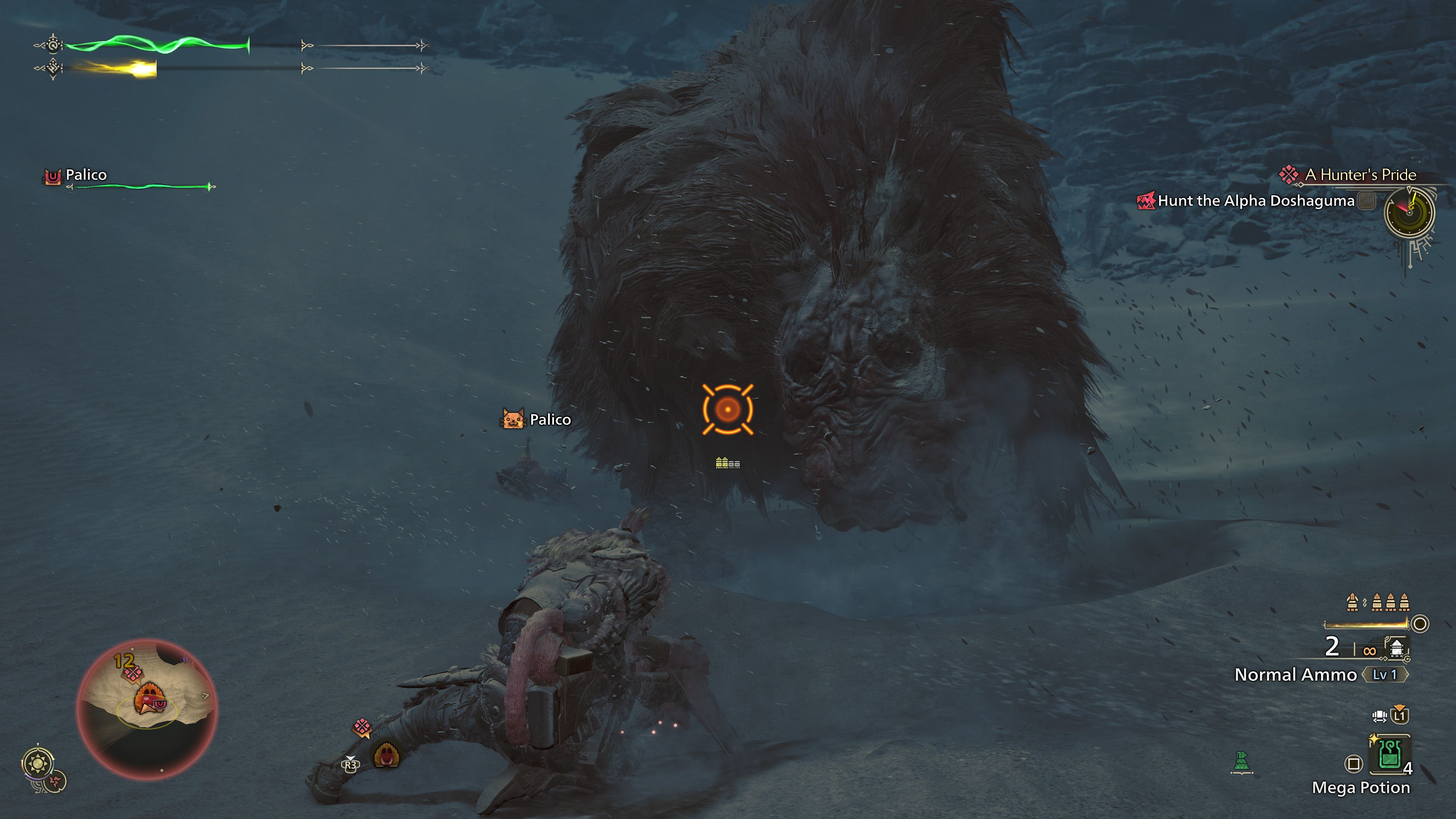 Monster Hunter Wilds player taking aim at a Doshaguma monster, a crosshair is shown on their bear-like body.
