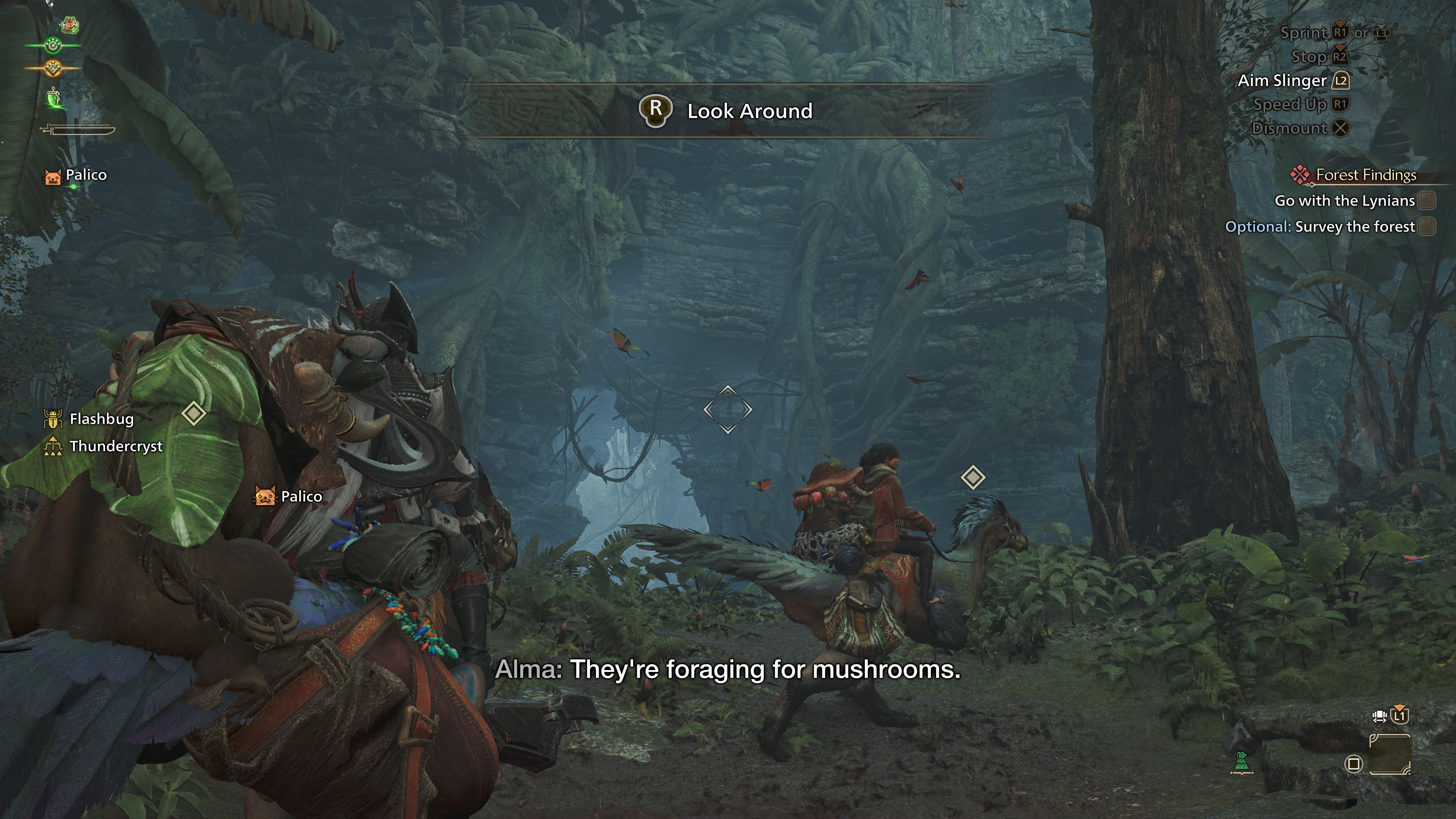 Monster Hunter Wilds characters in the forest, Alma points out that creatures around them are foraging for mushrooms.