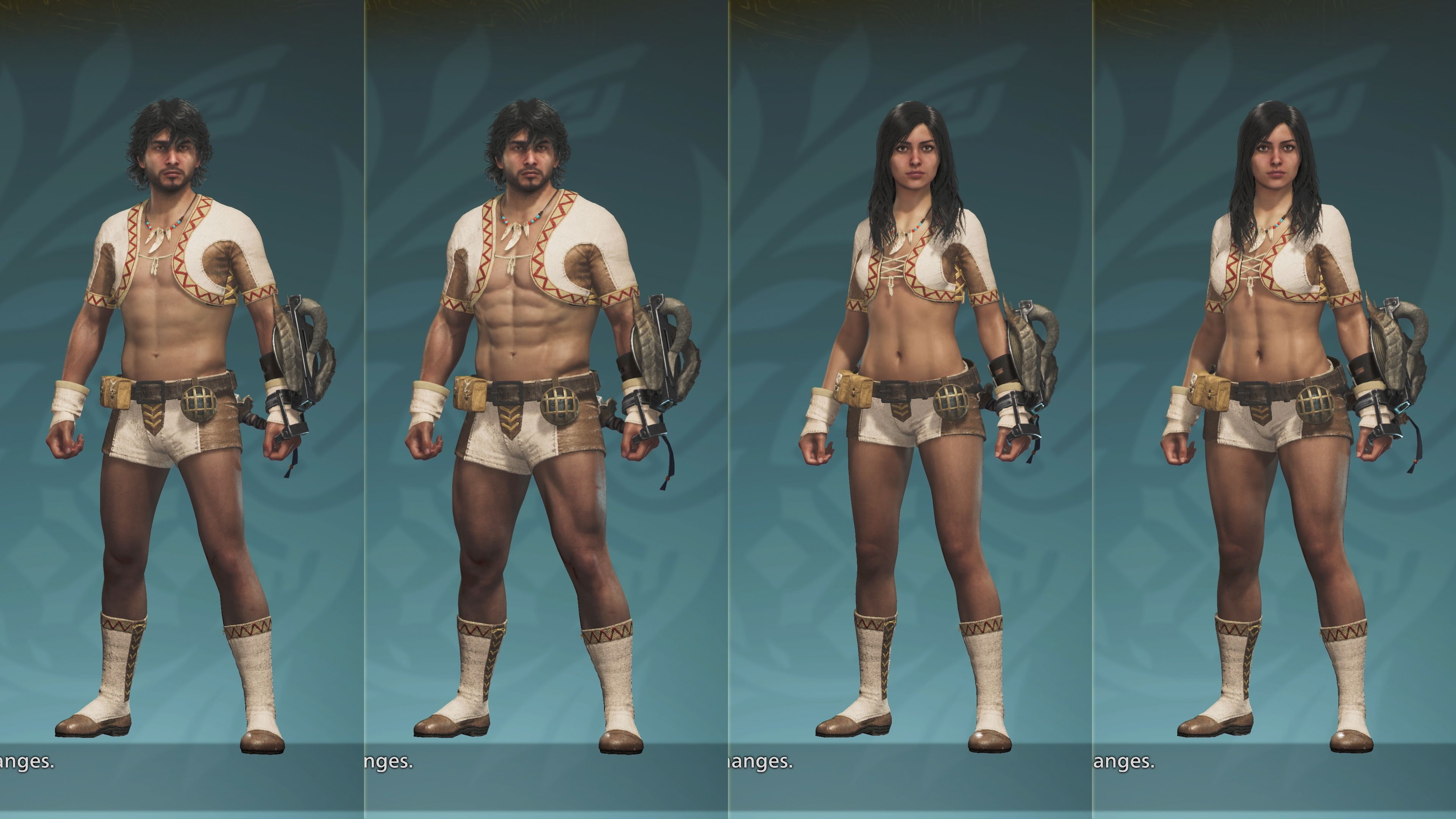 Monster Hunter Wilds character creation screens showing outfits across a male and female character.