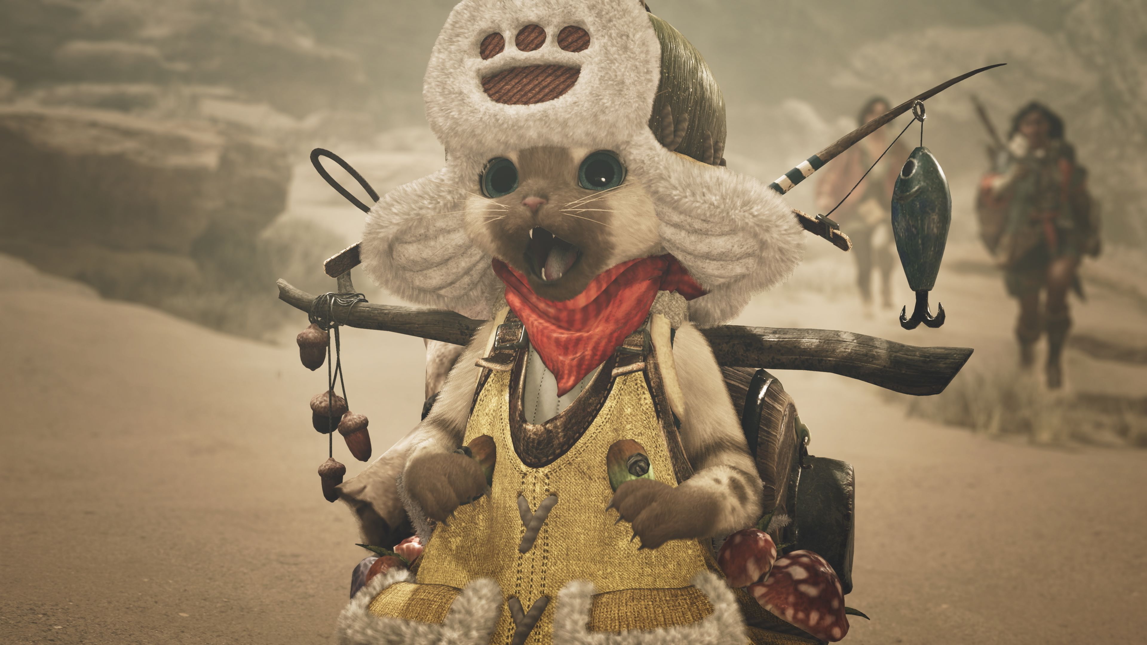Monster Hunter Wilds Palico, a cat-like creature, in adventuring gear looking shocked.