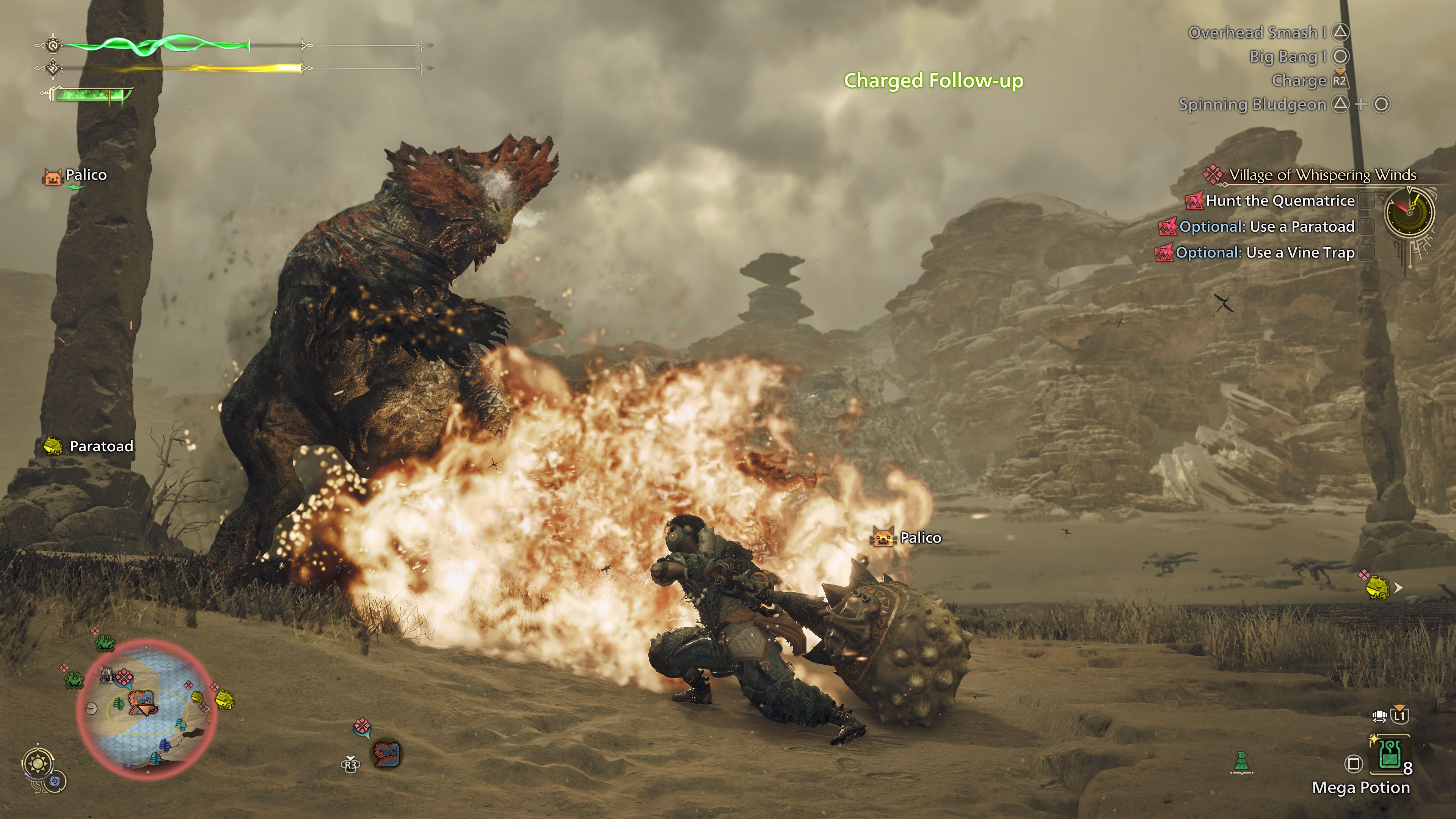 Monster Hunter Wilds Quematrice monster, a giant chicken like creature, shooting fire at the player.