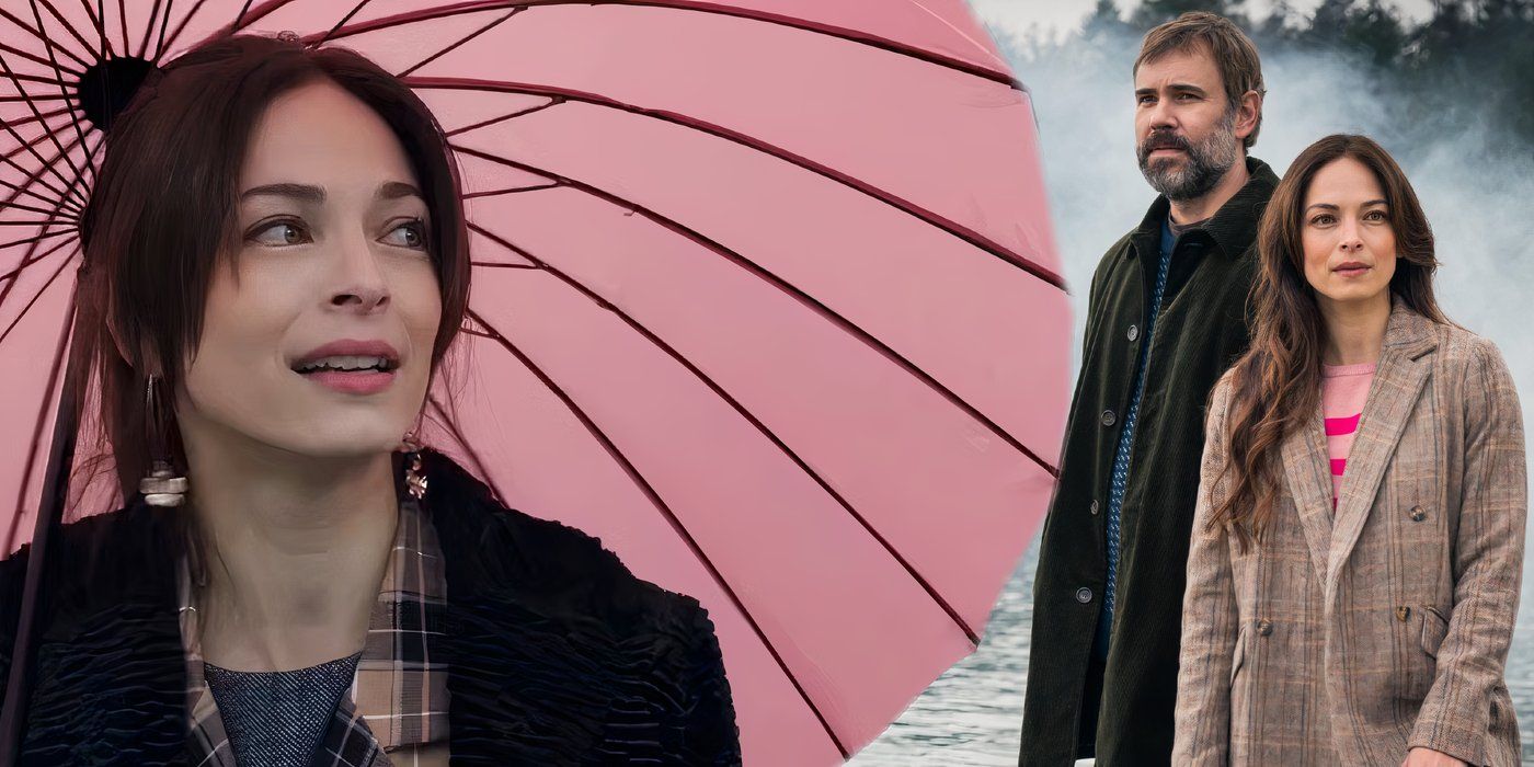 A composite image of Cassandra holding her pink umbrella in front of Cassandra and Karl standing near a lake in Murder in a Small Town