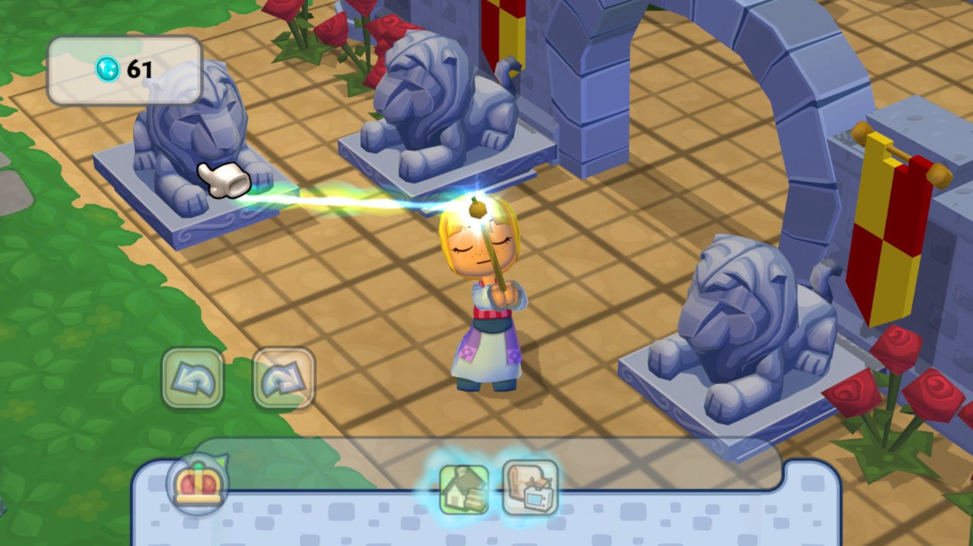 MySims female Sim holding a magic wand that has a beam attached to a stone lion statue.