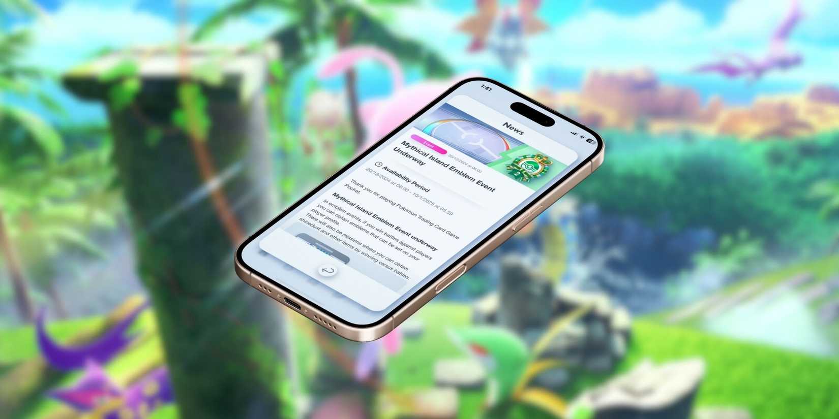 A phone with the news of the Mythical Island Emblem event in Pokémon TCG Pocket.
