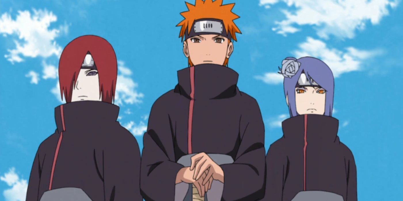 Nagato, Yahiko, and Konan using their Akatsuki cloak