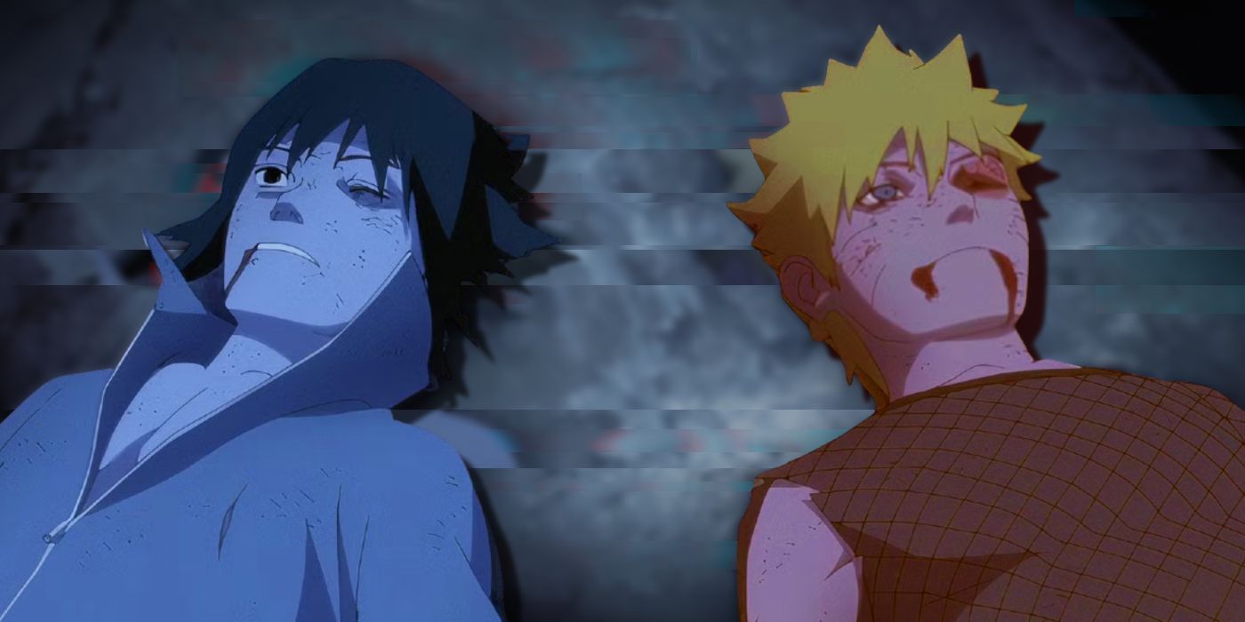 Naruto and Sasuke heavily wounded and looking up in exhaustion.