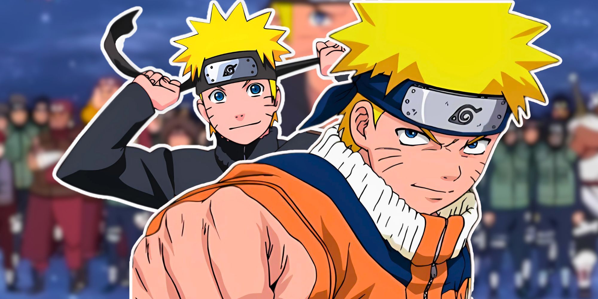 Naruto em shonen dando um soco e Naruto de Shippuden segurando sua bandana editado em uma foto