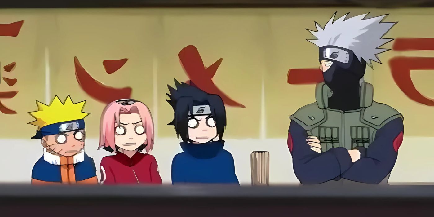 Naruto, Sakura und Sasuke sitzen neben einem maskierten Kakashi in einem Ramen-Laden.