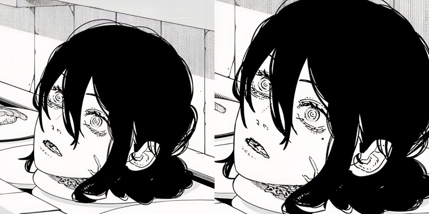 Nayuta&rsquo;s severed head from Chainsaw Man #170, on the left before correction, and on the right featuring the missing birthmark.