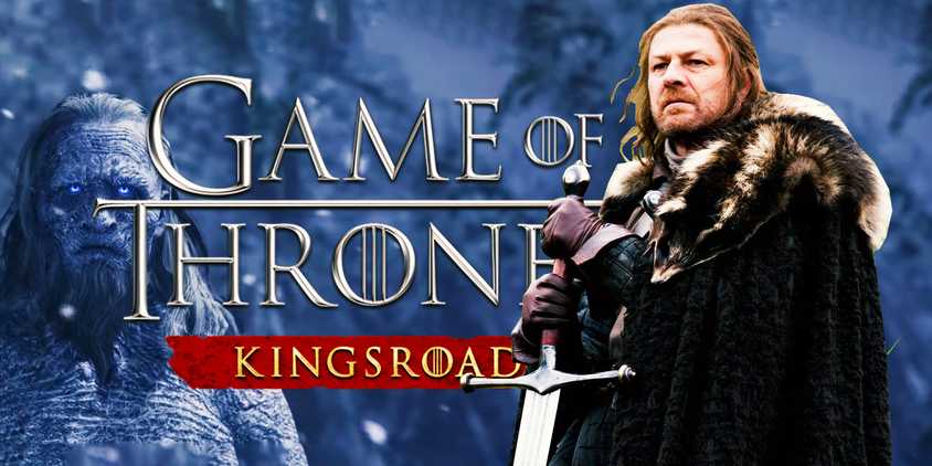 Ned Stark holding his sword looking at the Kingsroad logo
