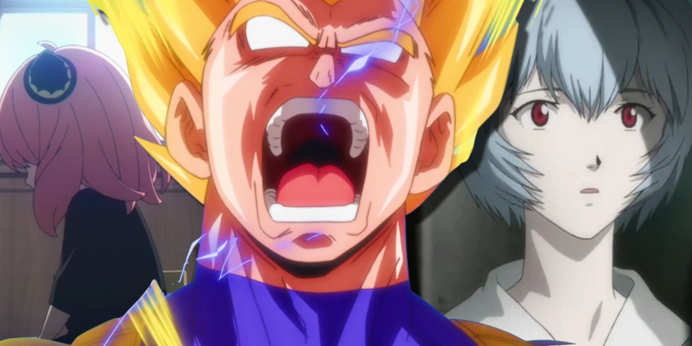 Neon Genesis Evangelion&rsquo;s Rei looking confused, Dragon Ball&rsquo;s Vegeta looking mad, and Spy x Family&rsquo;s Anya looking down in sadness