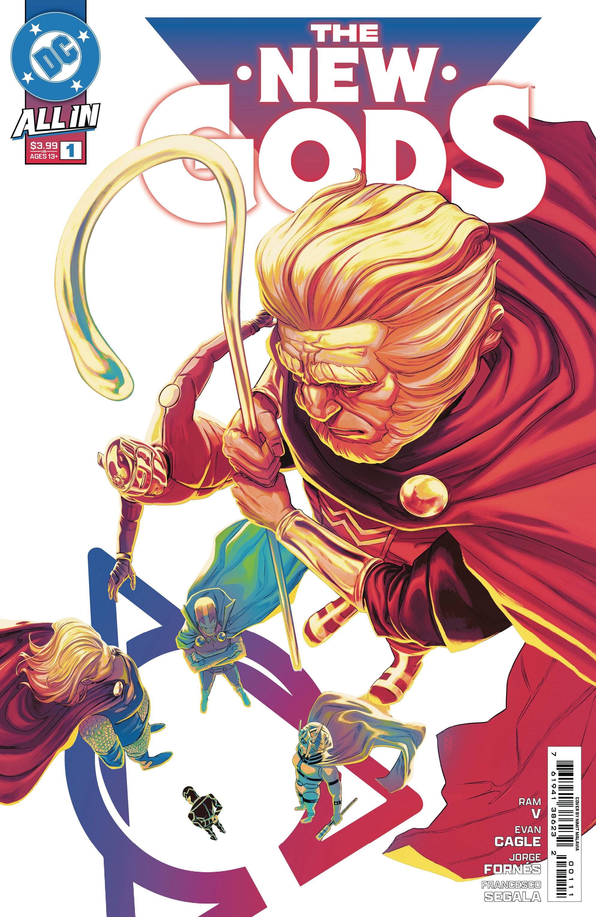 Comic book cover: New Gods characters float in white space.