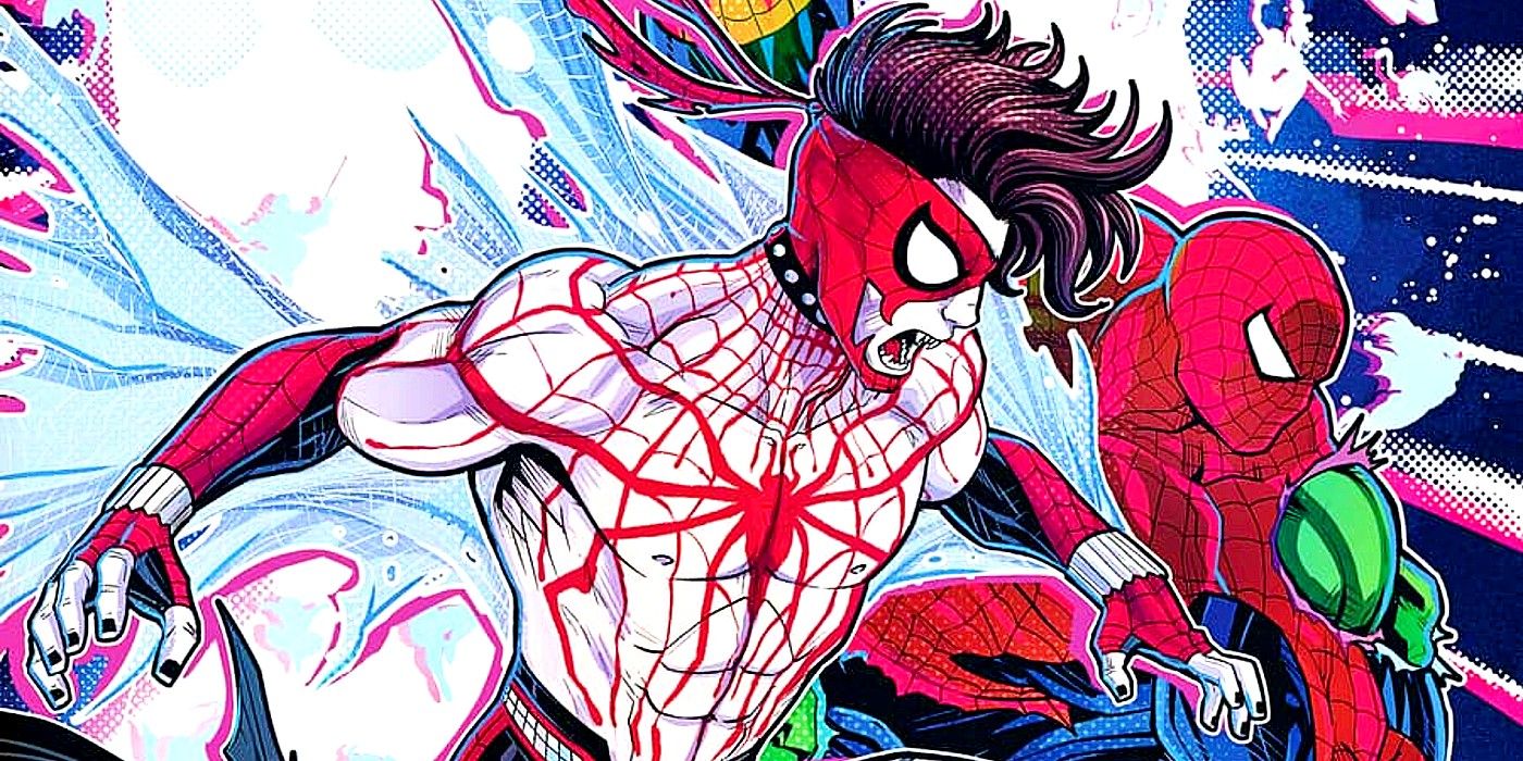 Comic book art: Spider-Verse characters, including a Spider-Man with a primarily white costume, leap forward.