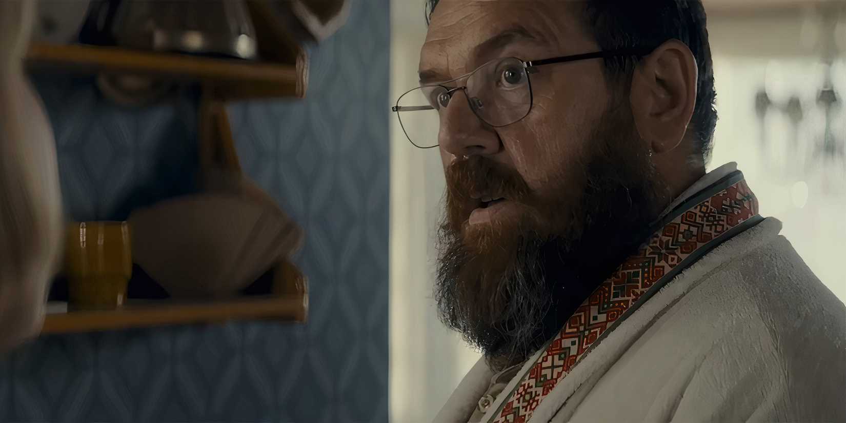 Nick Frost's Richard looking intensely surprised at someone in Get Away