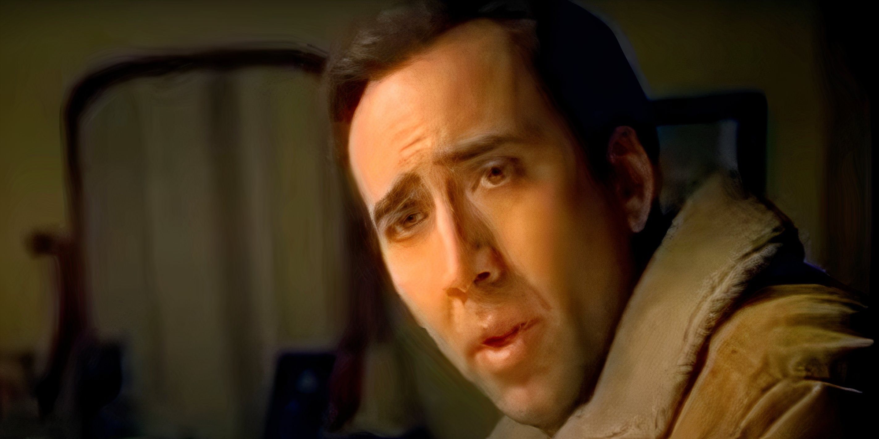 Nicolas Cage olha para alguém fora da tela em The Family Man