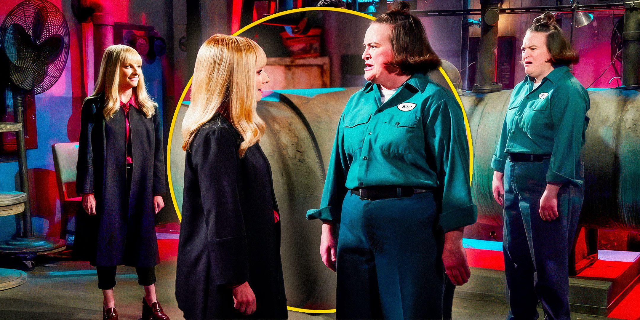 Night Court Season 3 stills of Betsy Sodaro and Melissa Rauch looking at each other