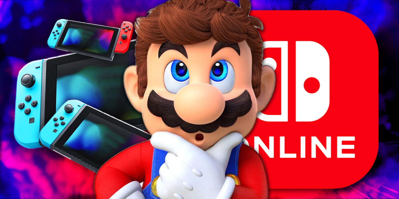 Mario pondering with his hand on his chin, in front of a few Nintendo Switch consoles and the Nintendo Switch Online logo.