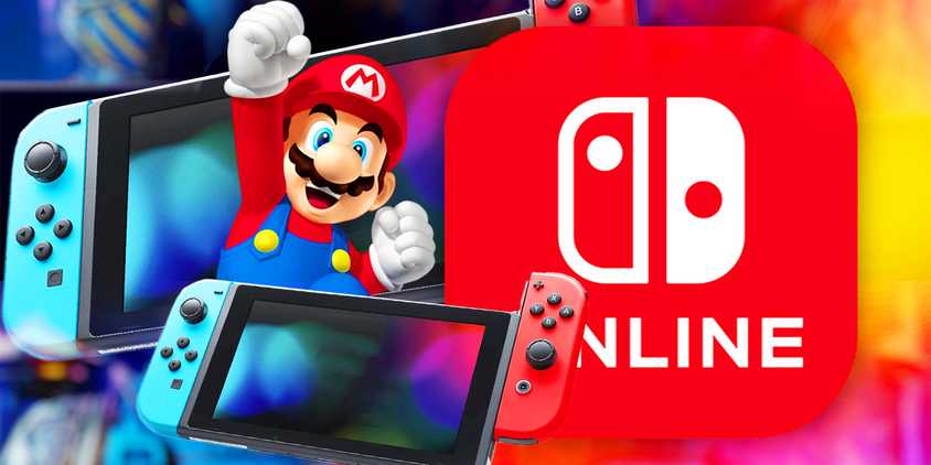Nintendo Switch with a happy mario and a nintendo online logo