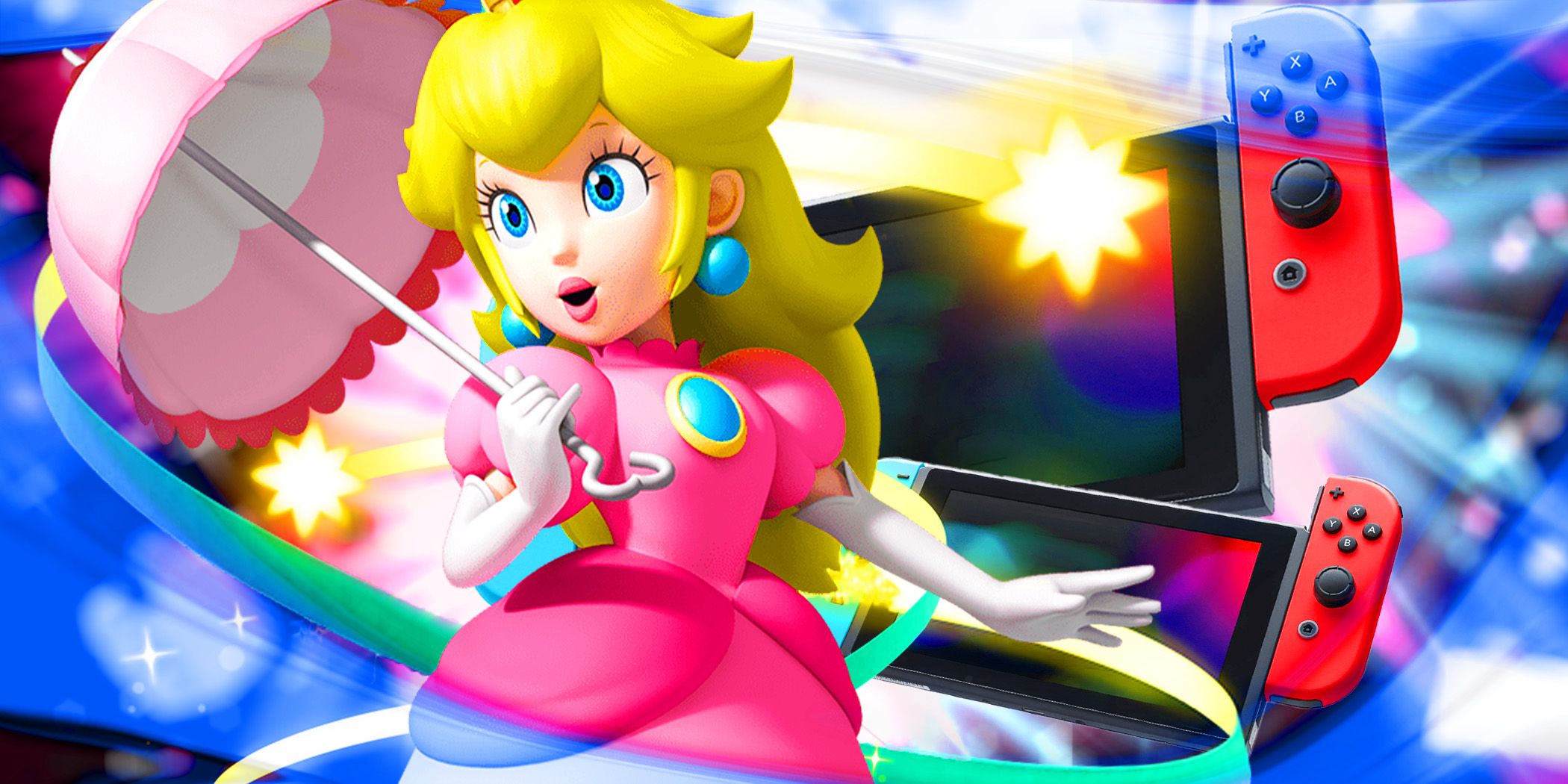 Princess Peach holding her parasol with a couple Nintendo Switch consoles in the background.