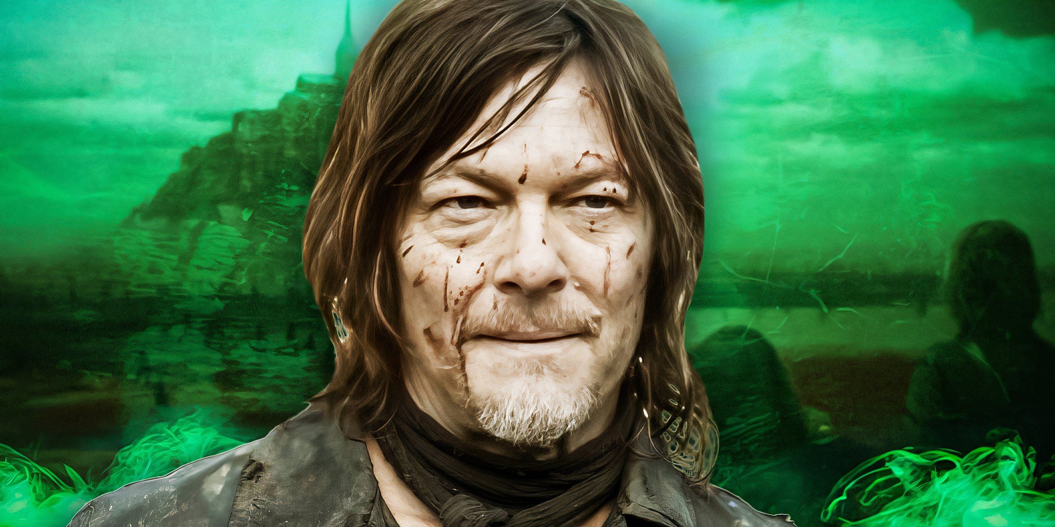 Norman Reedus as Daryl Dixon in The Walking Dead: Daryl Dixon with the Nest in the background