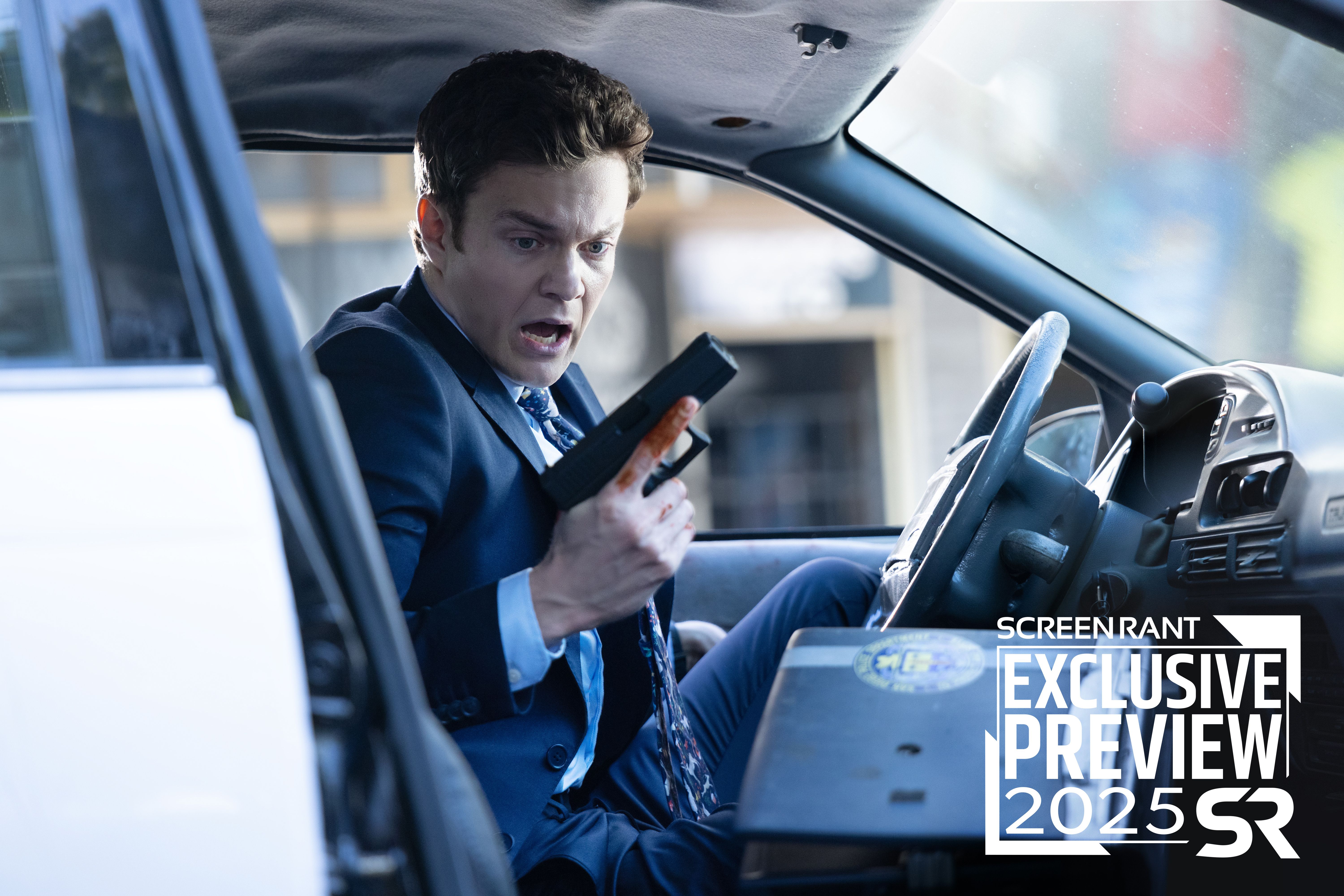 Novocaine 2025 Movie Preview Exclusive Still Image of Jack Quaid looking alarmed and holding a gun