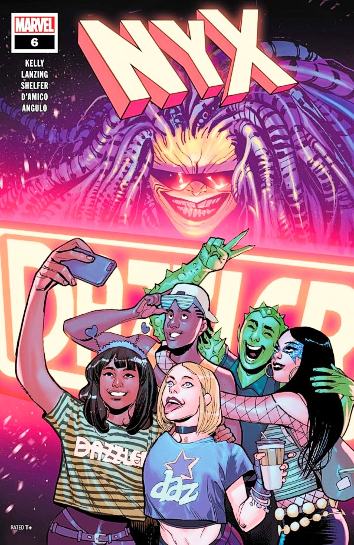 Capa da NYX #6, o jovem elenco mutante do livro tirando uma selfie, enquanto Mojo aparece atrás deles