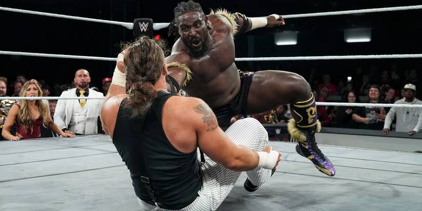 Oba Femi lands a sliding D clothesline on Tony D'Angelo for the NXT North American Championship