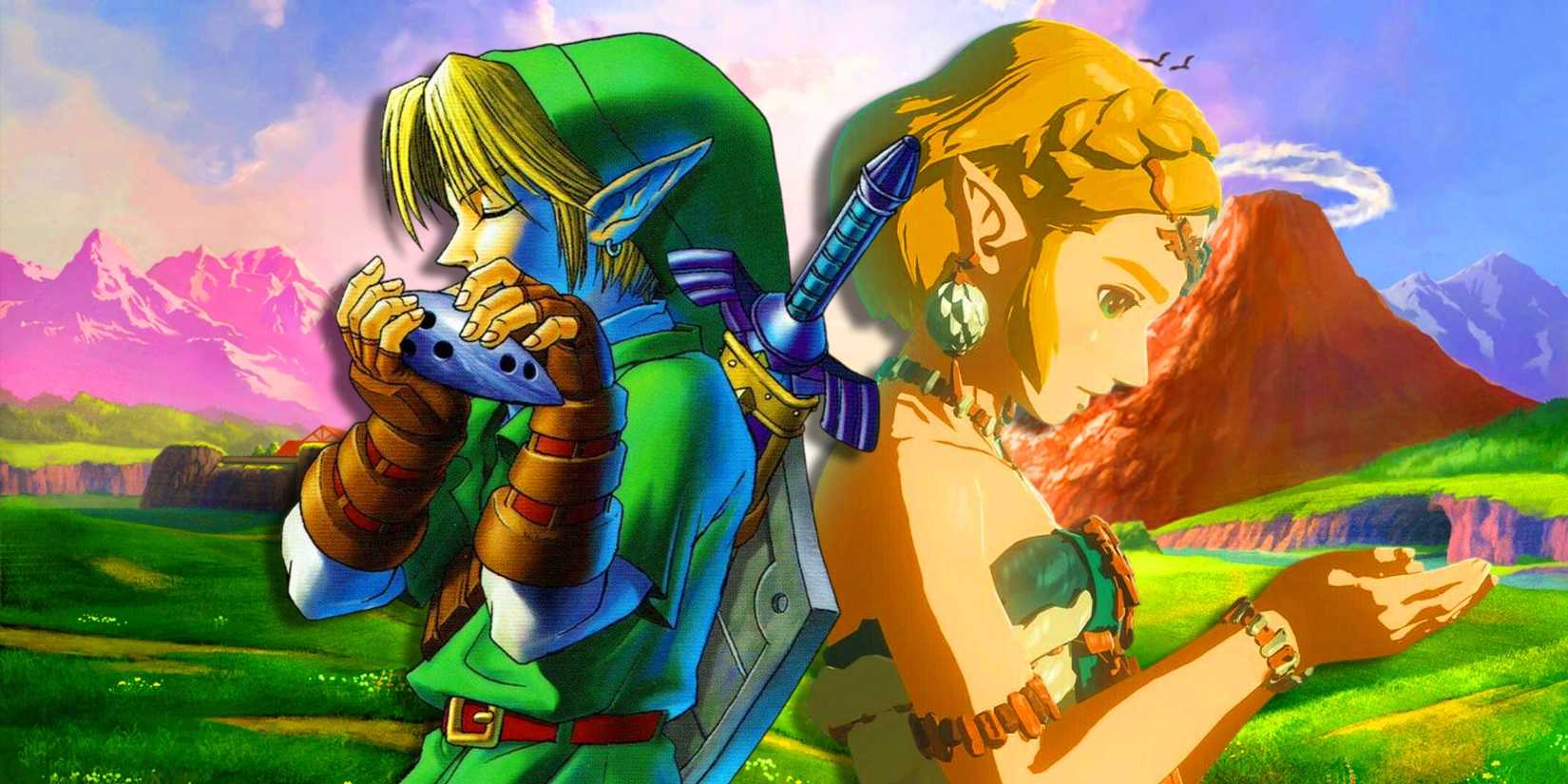 Link playing the Ocarina next to Zelda from TOTK with Hyrule behind them.