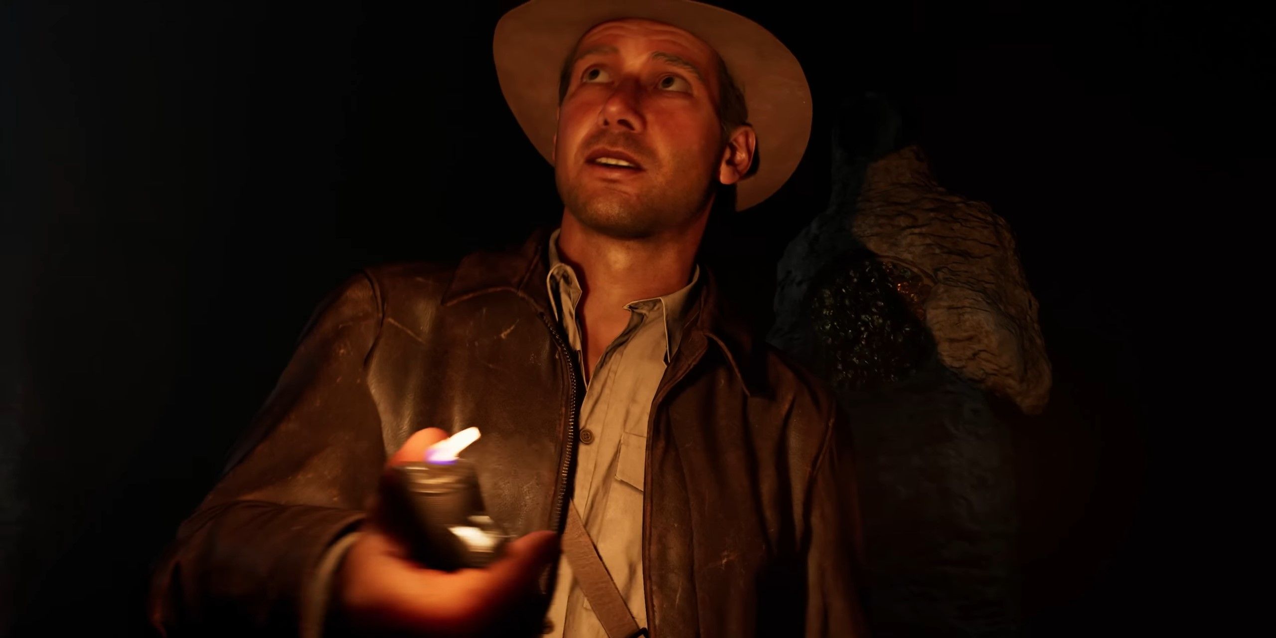 Indiana Jones holding the lighter in the Great Circle